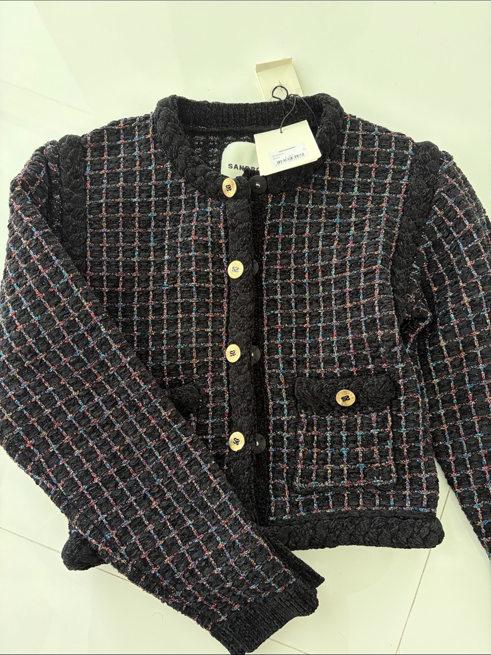 Sandro Black Tweed  Jacket with Multicolor Threading